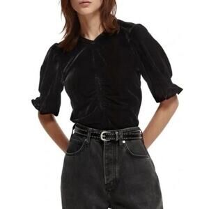 Scotch & Soda Top Black Velvet size Large NWT Puff Sleeves Zip Side Evening